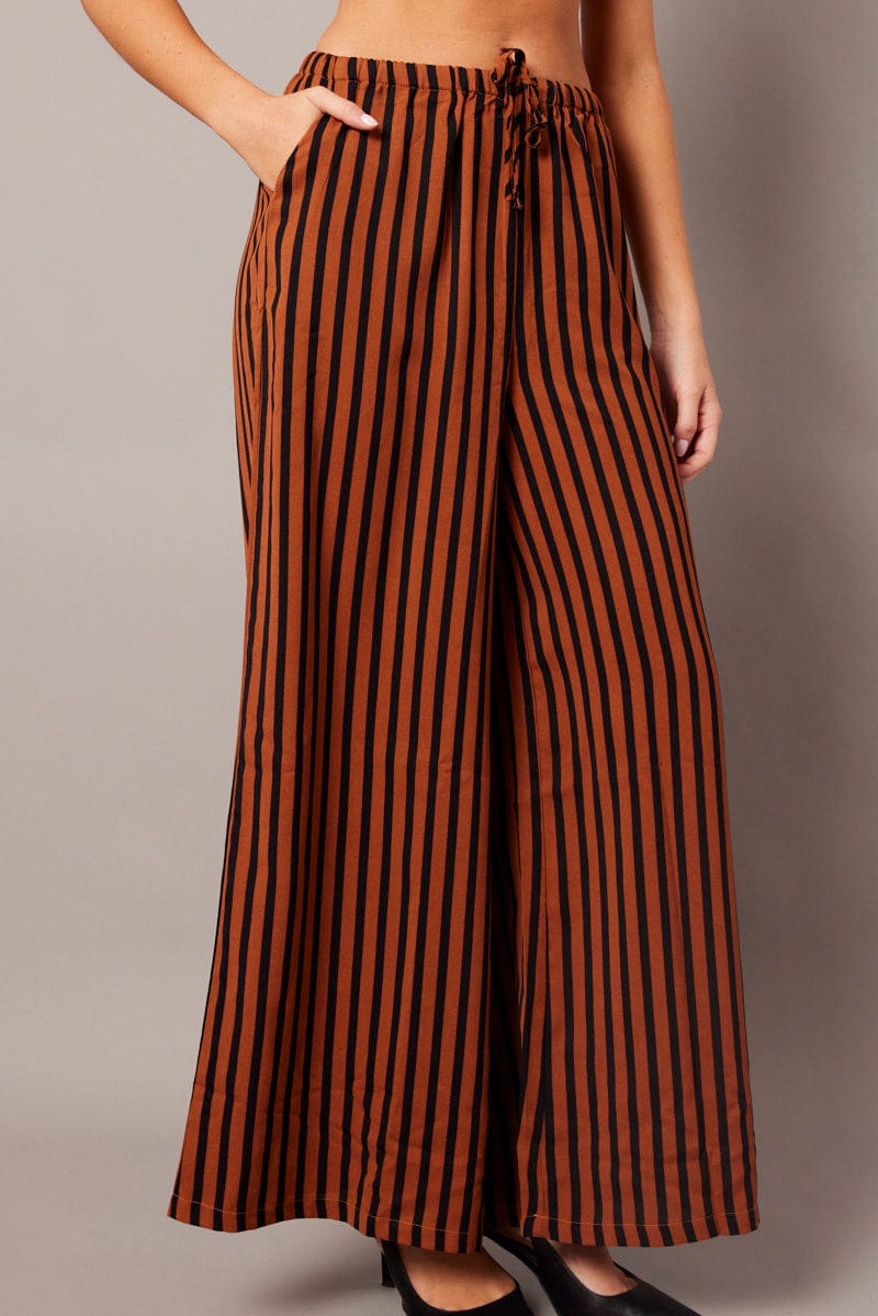 Brown Stripe Wide Leg Pants High Rise