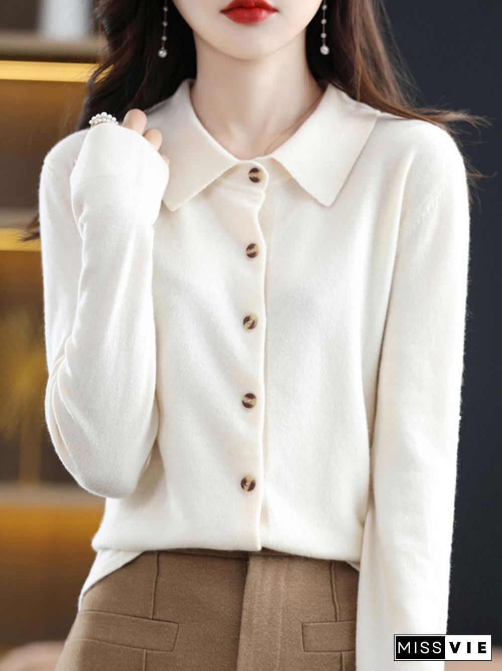 Casual Loose Long Sleeves Buttoned Solid Color Lapel Collar Cardigan Tops