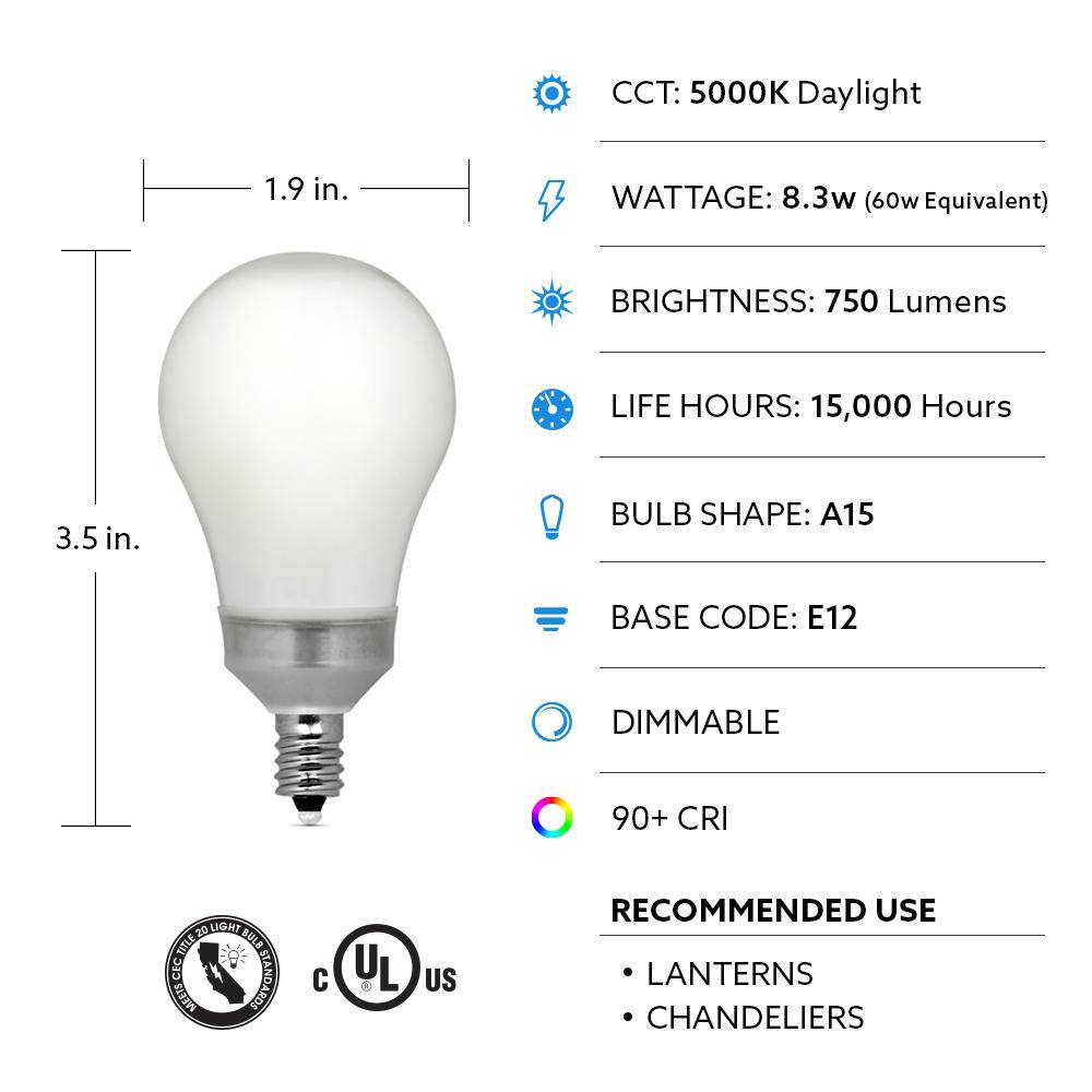 Feit Electric 60W Equivalent A15 Candelabra Dimmable CEC Title 20 90+ CRI White Glass LED Ceiling Fan Light Bulb Daylight (2-Pack) BPA1560C950CA2