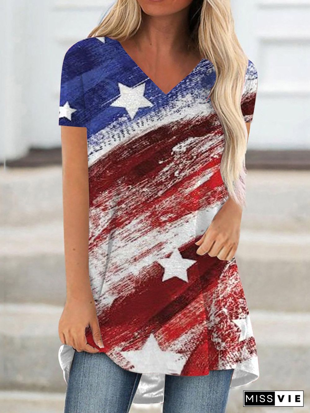 V Neck Flag Printed T-Shirt