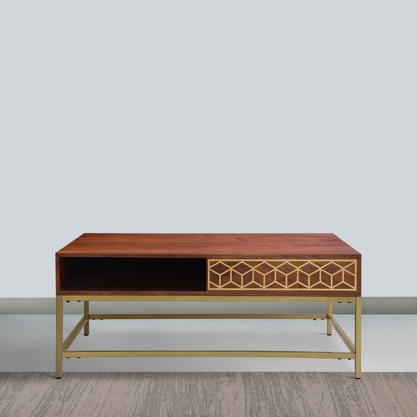 Kalyn 43 Inch Acacia Wood Coffee Table， Geometric Design Print， 1 Open Compartment， Natural Brown， Brass