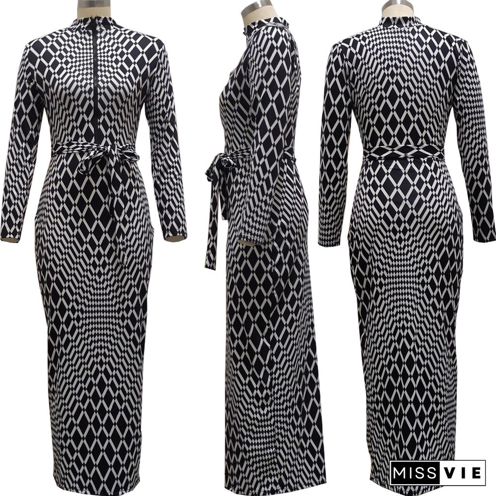 Autumn Fashion Women Printed Long Sleeve Round Neck Zipper Bodycon Sexy Club Party Maxi Dress