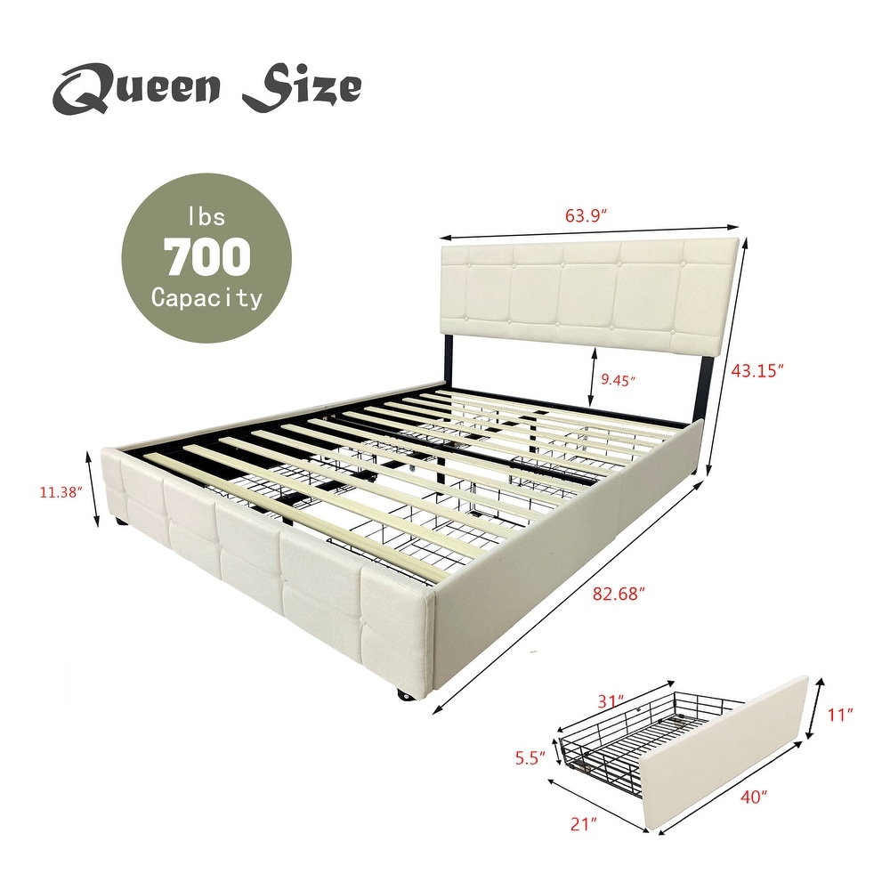 NNV Upholstered Platform Bed Frame with 4 Storage Drawers  Button Tufted Design