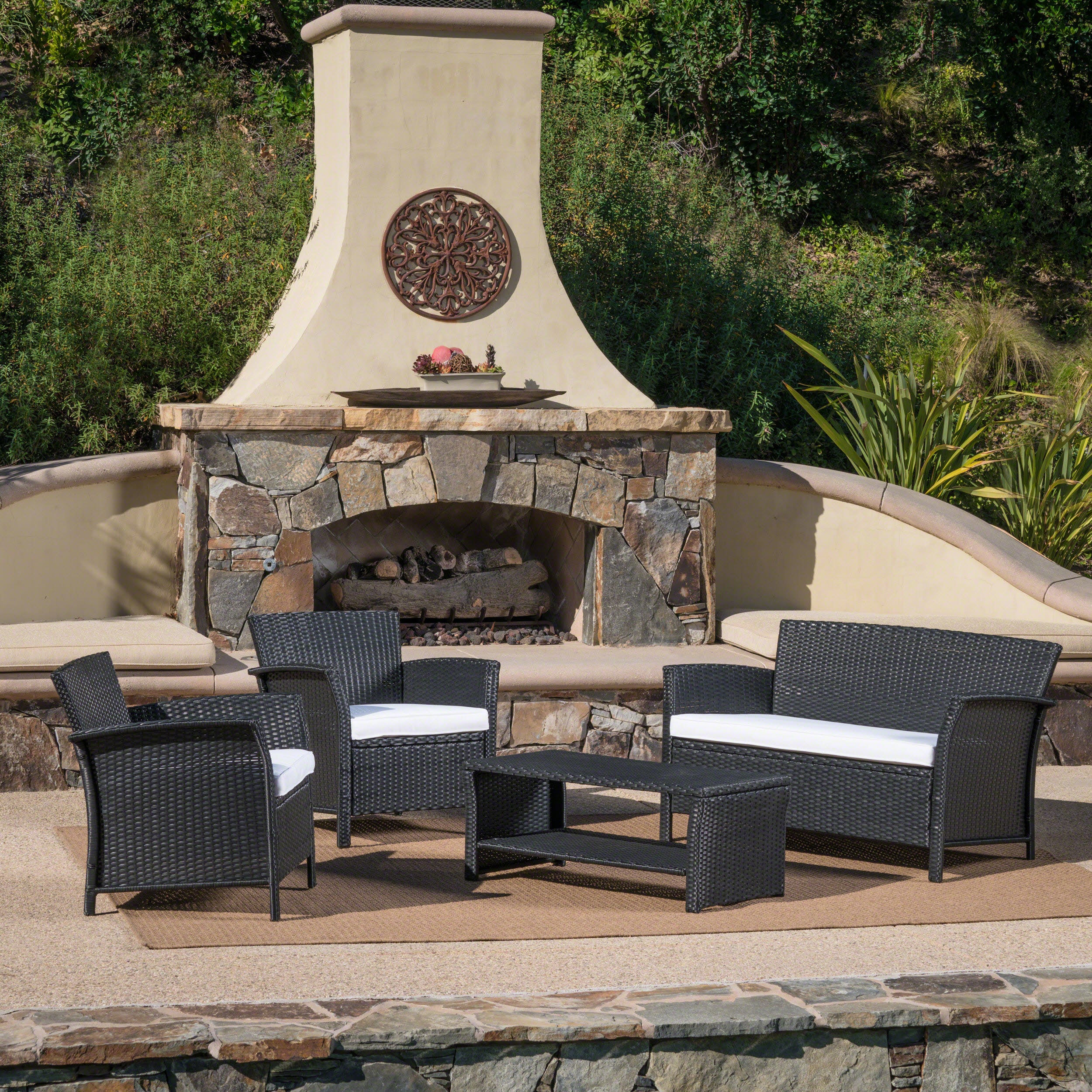 Shasta Outdoor 4 Piece Black Wicker Chat Set with White Water Resistant Cushions