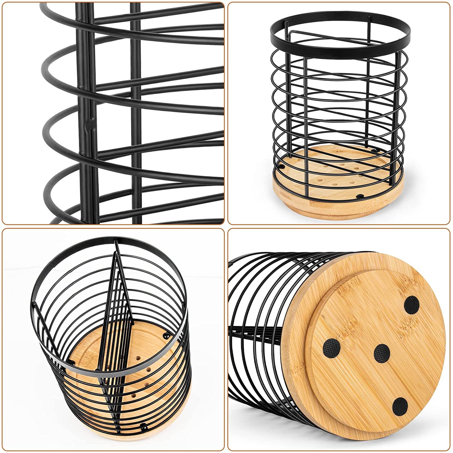 Utensil Holder For Kitchen Counter， Cooking Utensils Holder， Black Metal+Wooden Base Utens