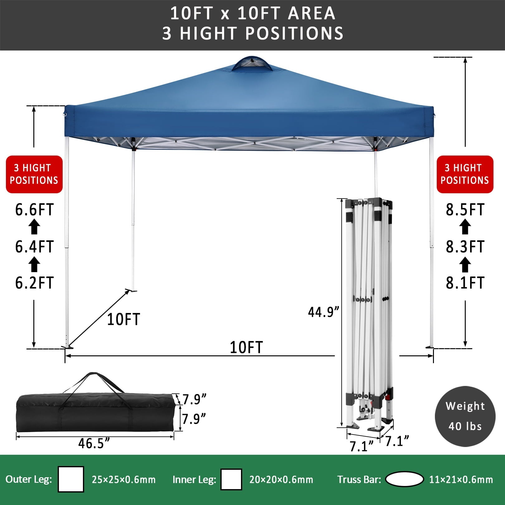 10' x 10' Straight Leg Pop-up Canopy Tent Easy One Person Setup Instant Outdoor Canopy Folding Shelter with 4 Removable Sidewalls, Air Vent on The Top, 4 Sandbags, Carrying Bag, Blue