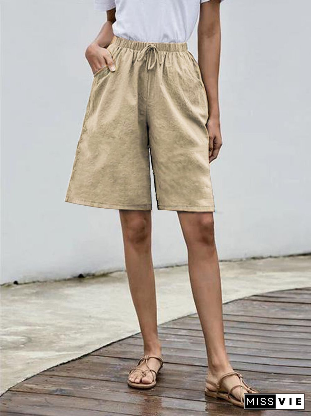 Solid Color Elastic Waist Drawstring Casual Shorts