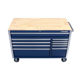 Husky 52 in. W x 24.5 in. D Standard Duty 10-Drawer Mobile Workbench Tool Chest with Solid Wood Work Top in Gloss Blue H52MWC10BLU