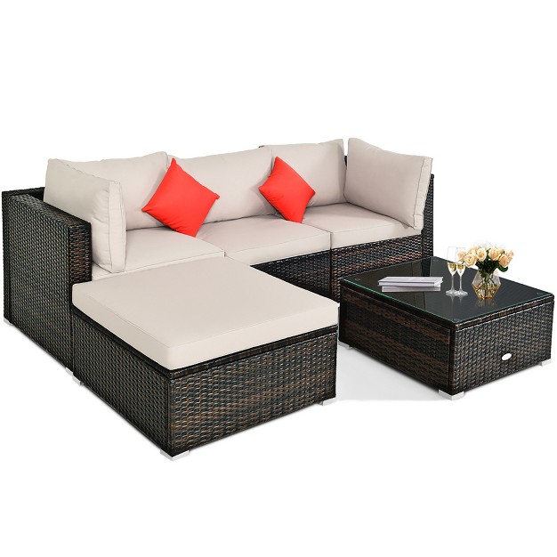 Costway 5pcs Outdoor Patio Rattan Furniture Set Sectional Conversation Beige Cushion