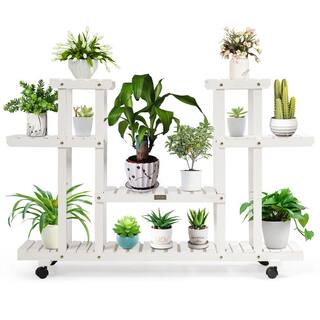 Costway 45.5 in. x 10 in. x 31.5 in. Ladder Indoor Outdoor White Wood Plant Stand (4-Tiers) J9D3WR3