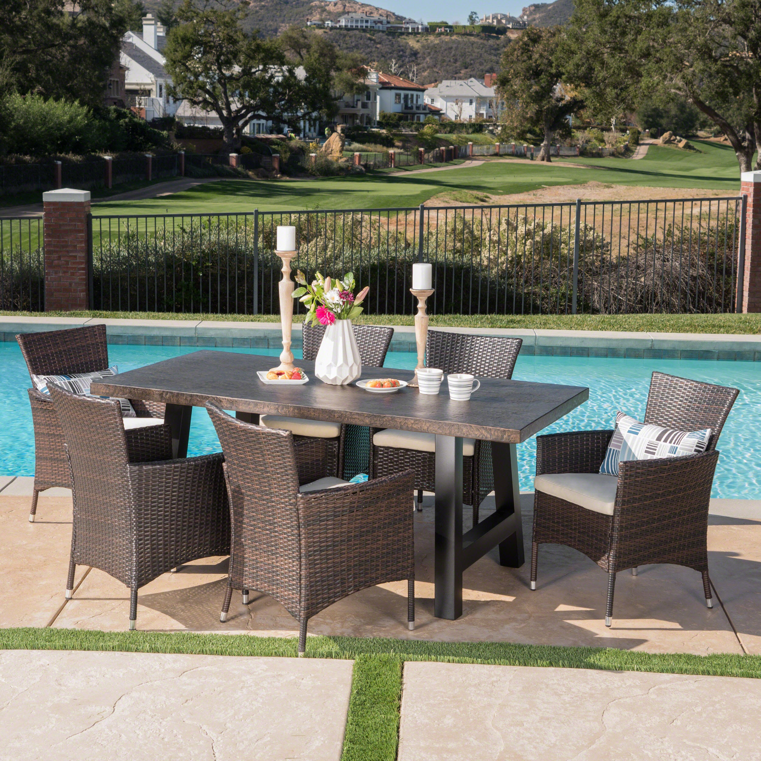 Muriel Outdoor 7 Piece Wicker Dining Set with Light Weight Concrete Dining Table