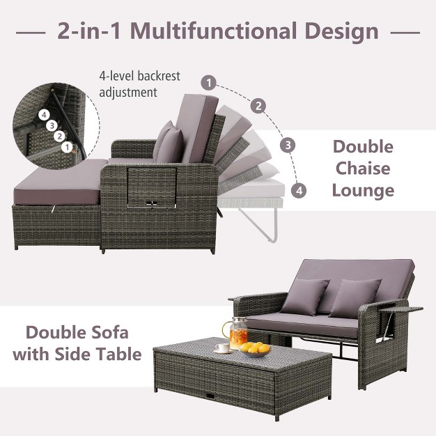 Costway Patio Rattan Daybed Set Wicker Loveseat Sofa With Ottoman amp Retractable Side Tray