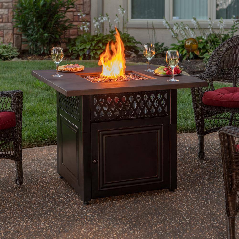 Endless Summer The DualHeat 37.8 in. x 30.7 in. Square Steel and Concrete Resin LP Gas Fire Pit with Hand Painted Wood Grain Mantel GAD19102ES