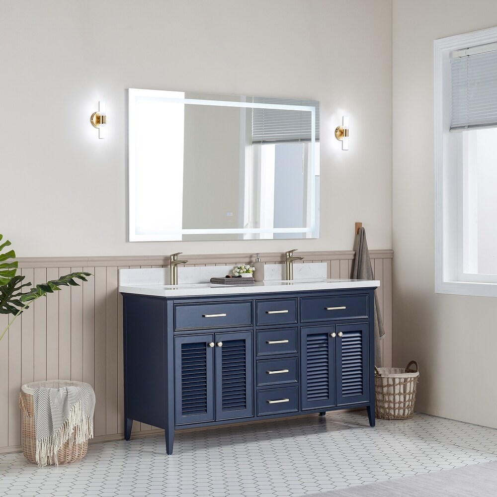 Barcelona 30 inch wood double sink vanity with marble and ceramic sink in Blue