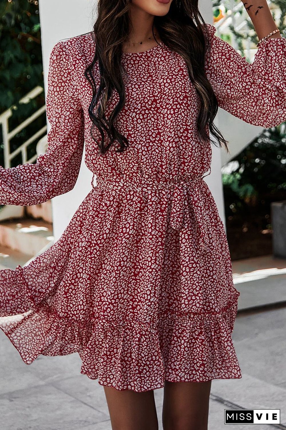 Lace-Up Floral Printed Ruffle Dress