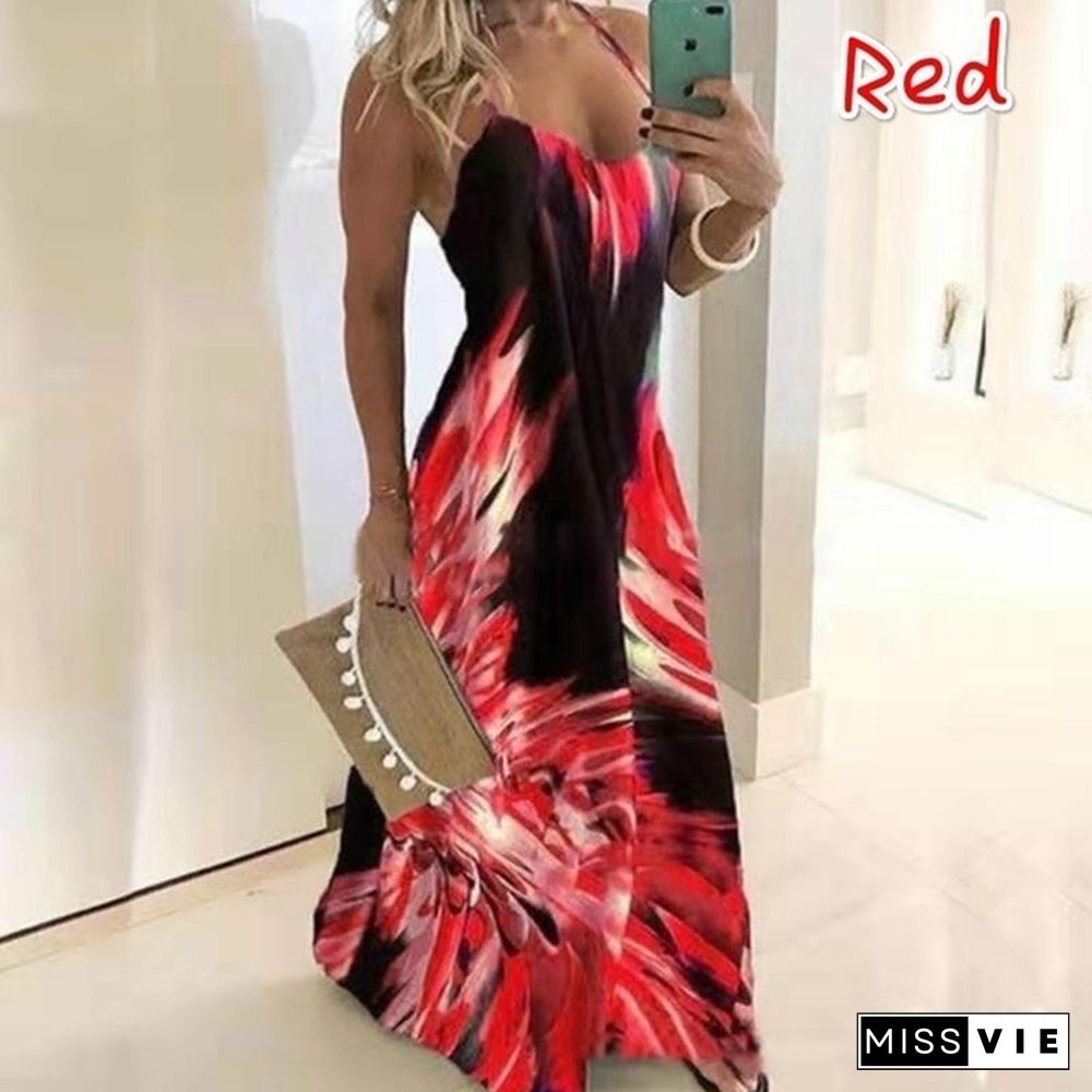 Summer Dress Fashion Clothes Women's Casual Off Shoulder Sleeveless Dress String Strap Halter Party Dress Ladies Deep V-neck Floral Printed Beach Wear Plus Size Maxi Dress XS-8XL