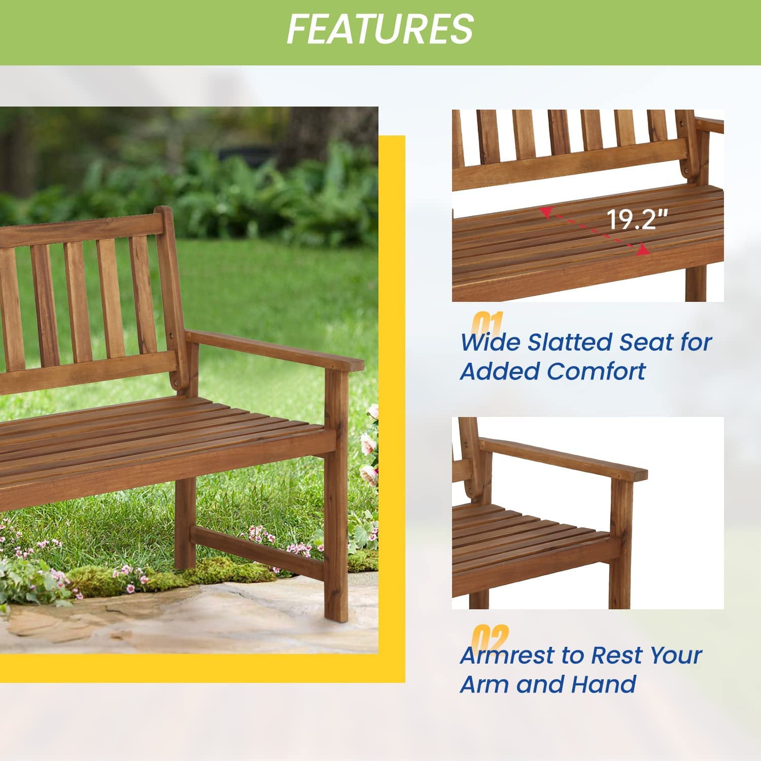 Outdoor Patio Bench, Acacia Wood Garden Bench with a Natural Oiled 2 Seats Patio Furniture Bench with Backrest Park Bench for Backyard Patio Balcony Porch Deck Garden Lawn