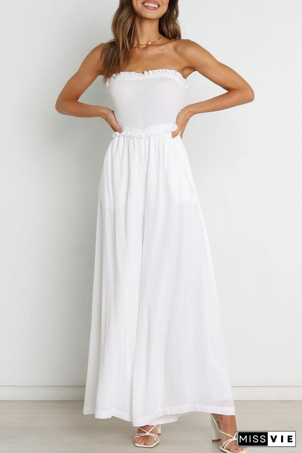 White Smocked Bandeau Wide Leg Jumpsuit