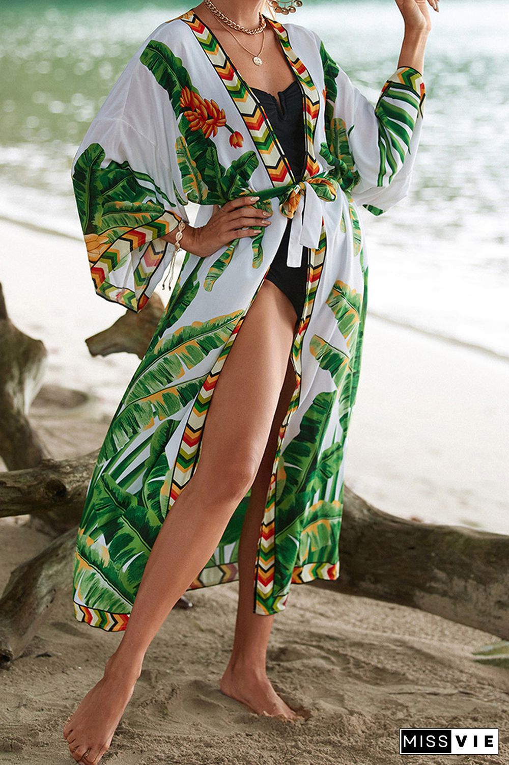 Colorblock Printing Beach Cover Up Kimono