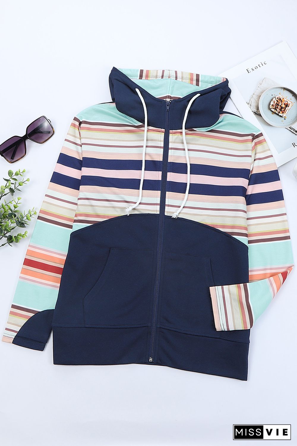 Blue Striped Color Block Thumbhole Sleeve Full Zip Hoodie