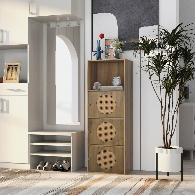 Grondin Boho Style Accent Floor Storage Cabinet with Rattan Doors  Bathroom Linen Cabinet with Open Storage for Home Office