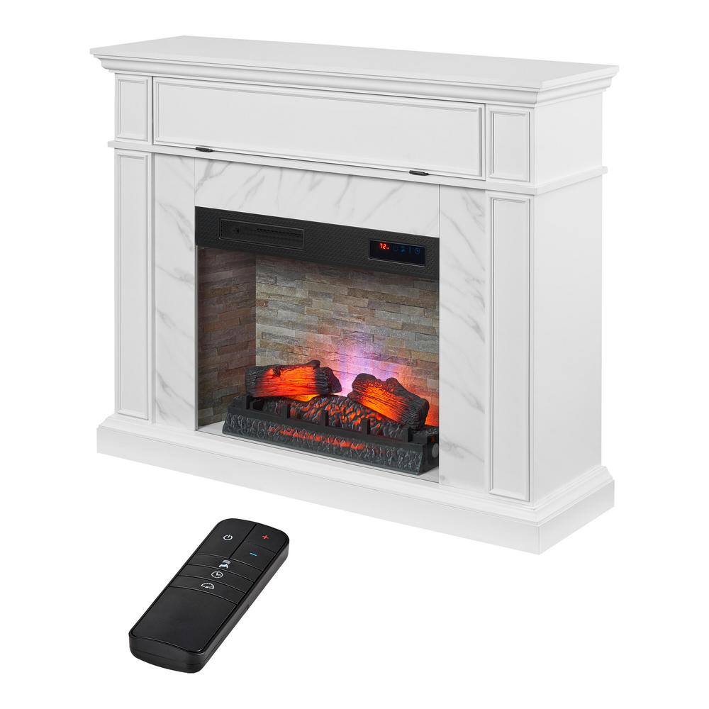 StyleWell Pritchett 53 in. W Wall Media Mantel Electric Fireplace in White Finish with White Faux Carrara Surround 150694