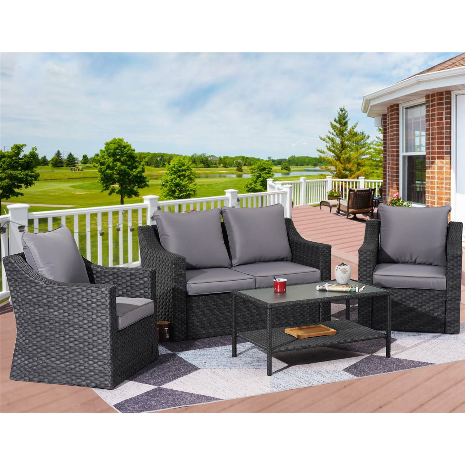 Superjoe 5 Piece Patio Furniture Set, Outdoor Wicker Conversation Sets Rattan Sofa with Glass Table for Garden Deck Porch, Grey Cushions