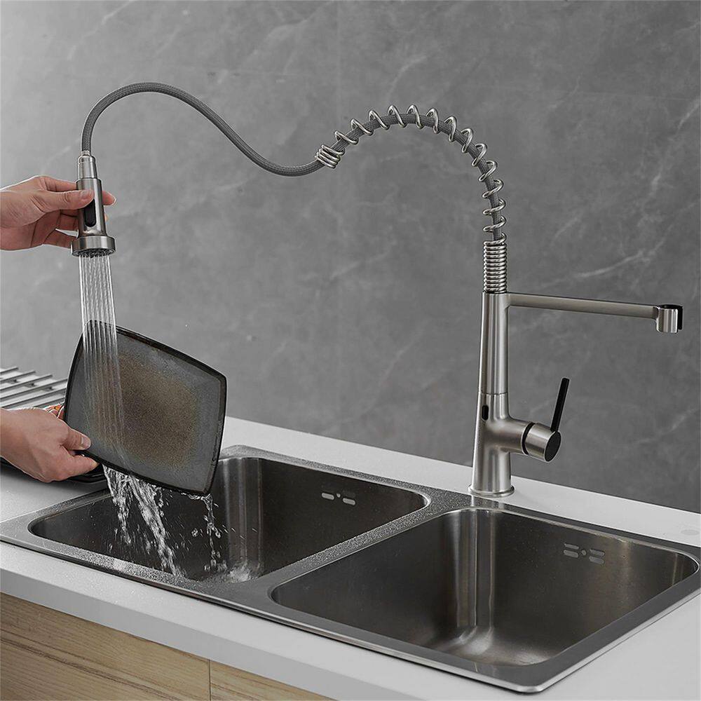 FLG Touchless Kitchen Sink Faucet With Pull Down Sprayer Commercial Single Handle Sensor Automatic Brass Taps Brushed Nickel CC-0053-BN