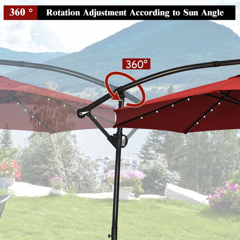 10 FT Patio Offset Umbrella with Solar Lights 360° Rotation Outdoor Market Umbrella with Crank Handle & Cross Base