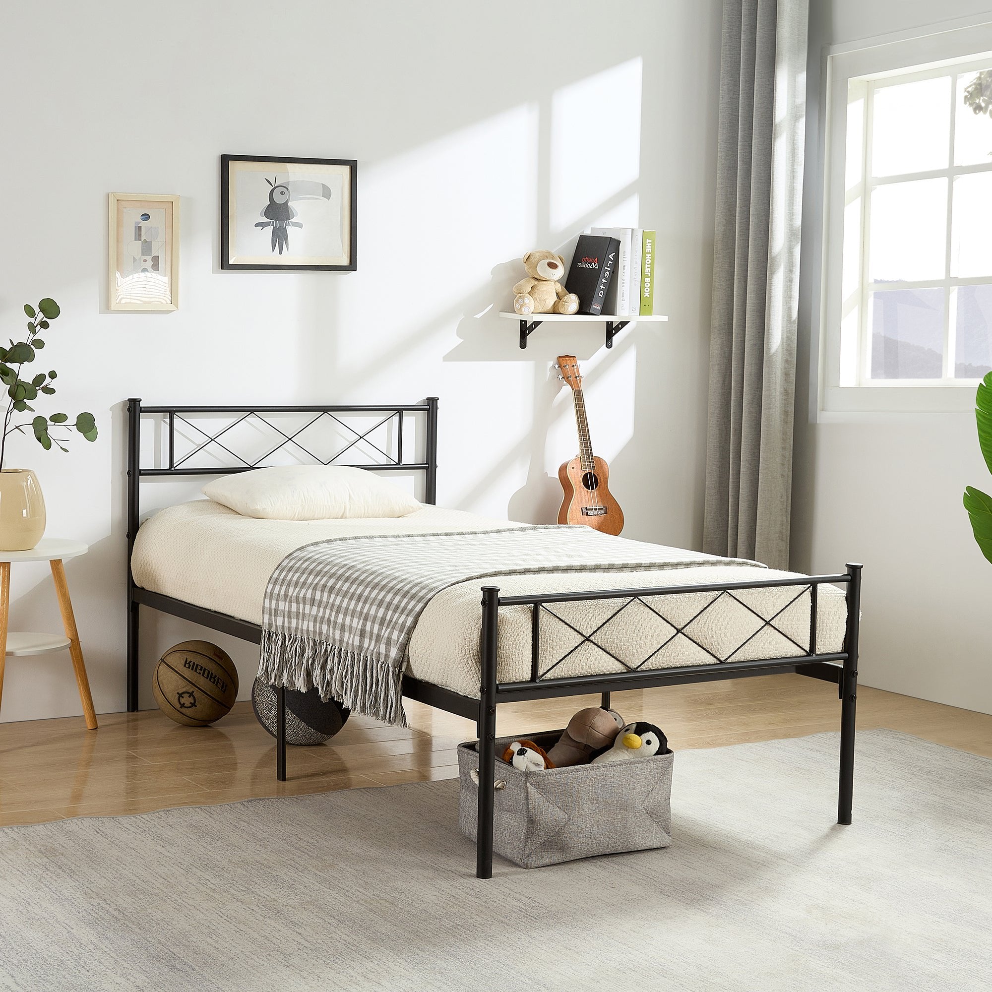 VECELO Metal Bed Frame with Headboard, Modern X-Design Platform Bed Heavy Duty Slat Support, Easy Assemly, Twin Size, Black