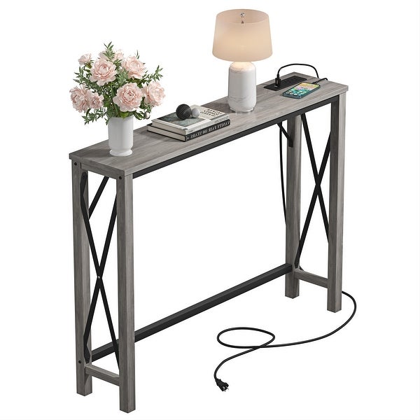 Entryway Table with Power Outlets and USB Ports， Narrow Sofa Table with Charging Station