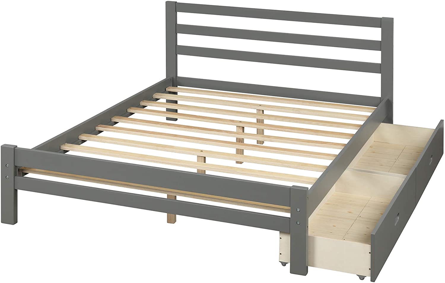 Rhomtree Wood Platform Bed with Storage Drawers Captain Bed with Headboard Footboard Mattress Foundation Kids Teens Bed (Full, Grey)