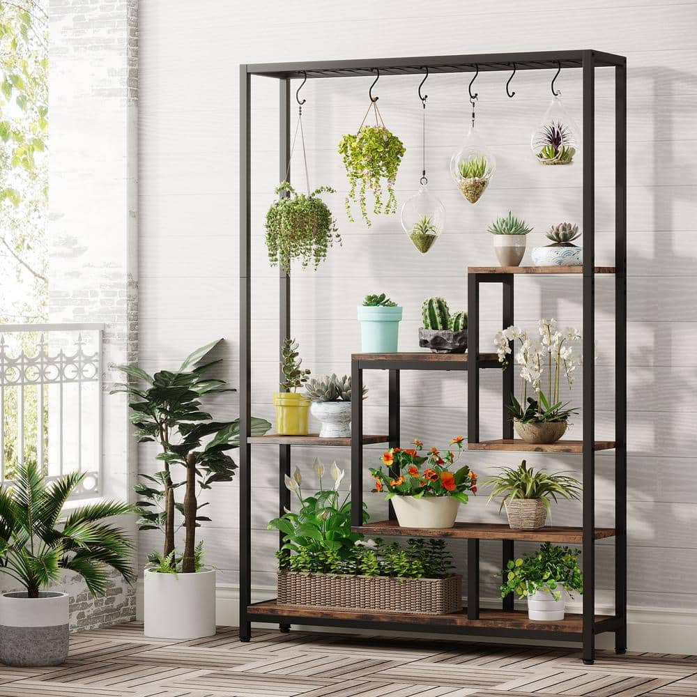 BYBLIGHT Wellston 70.86 in. Brown 5-Tier Wooden Indoor Plant Stand， Tall Flower Rack with 10-Hook BB-JW0254GX