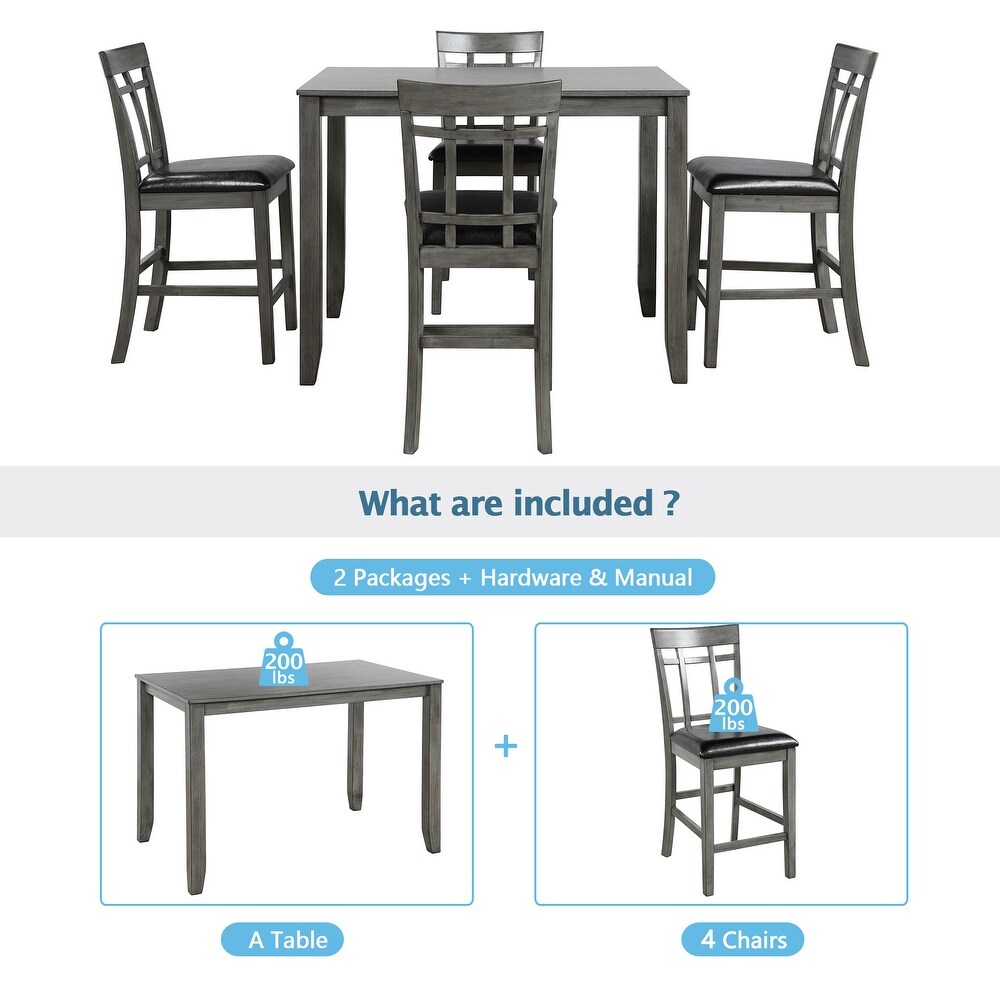 5 Piece Vintage Wood Dining Table Set  Rectangular Counter Height Table and 4 Upholstered Chairs