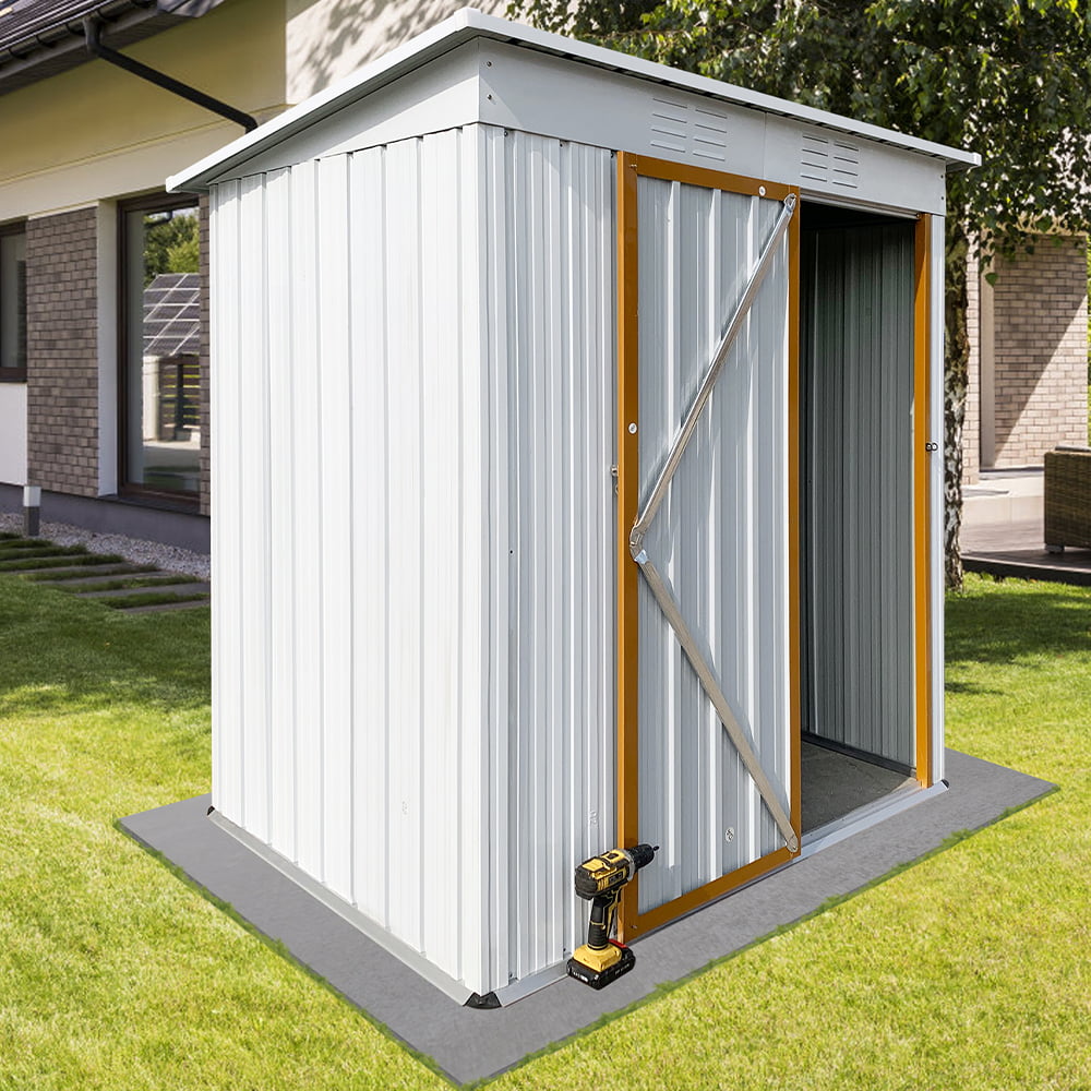 Vertical Storage Shed, BTMWAY 5' x 4' Multifunctional Outdoor Storage Shed, Tool Storage Shed House with Sloping Roof, Hinged Door and Padlock, Outdoor Storage Cabinet for Patio Backyard, White+Yellow