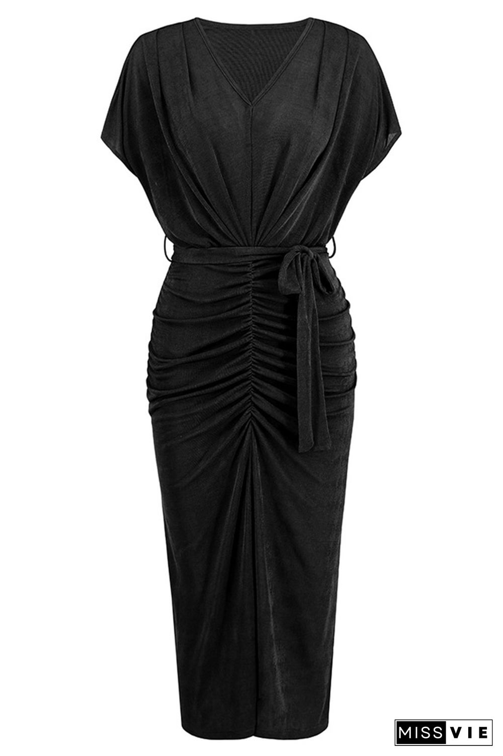 Plain V Neck Ruched Velvet Midi Dress