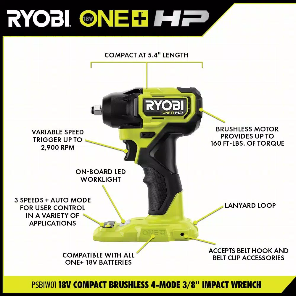 RYOBI ONE+ HP 18V Brushless Cordless Compact 3/8 in. Impact Wrench (Tool Only) and#8211; XDC Depot