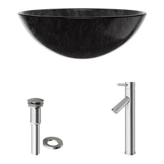 VIGO Gray Onyx Glass Round Vessel Bathroom Sink with Dior Faucet and Pop-Up Drain in Brushed Nickel VGT570