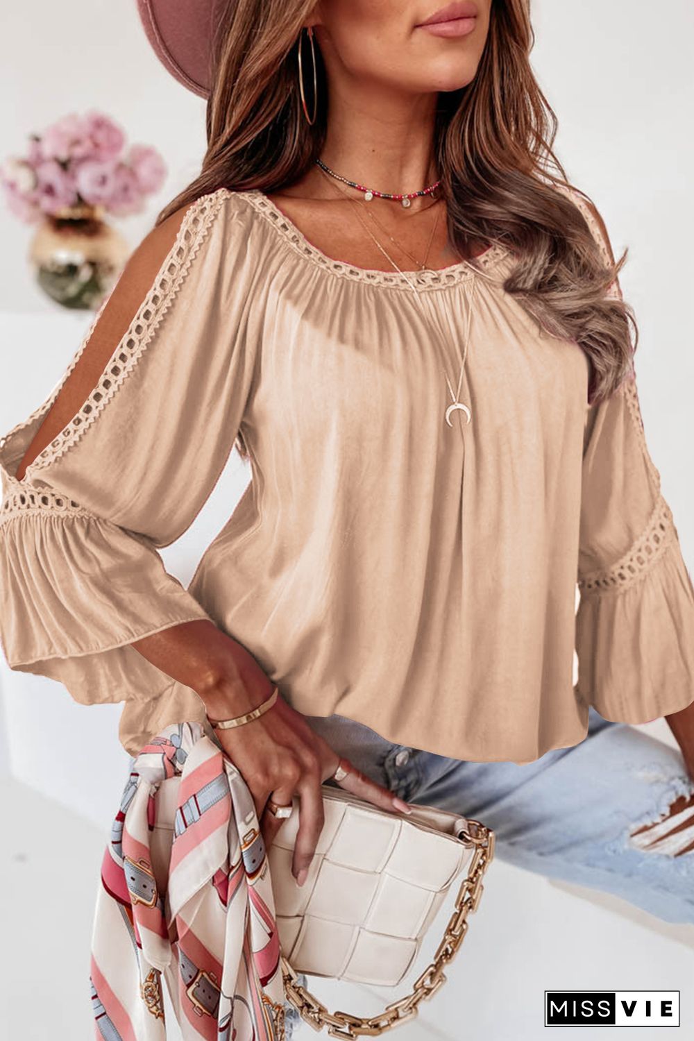 Apricot Lace Crochet Cut-Out Bracelet Sleeve Ruffle Blouse