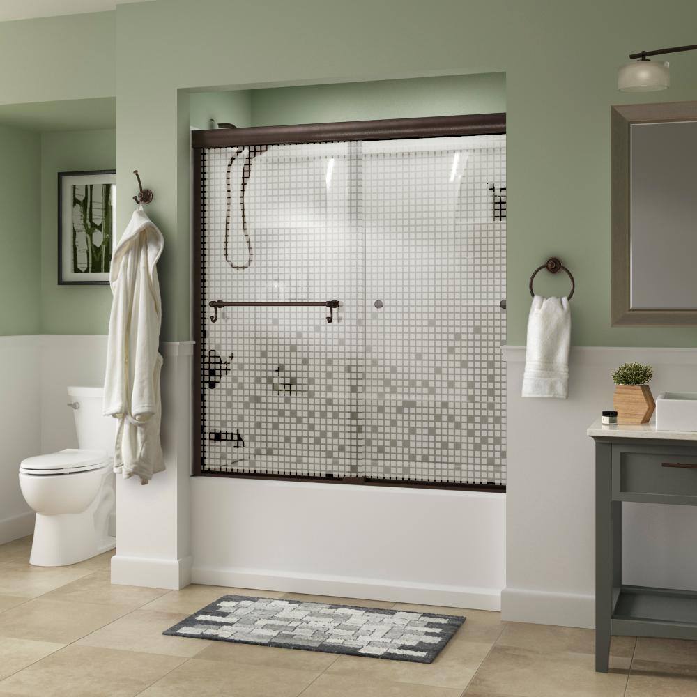 Delta Portman 60 in. x 58-18 in. Semi-Frameless Traditional Sliding Bathtub Door in Bronze with Mozaic Glass SD2832973