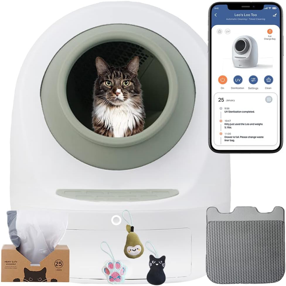 Leo's Loo Too Bundle Green- No Mess Automatic Self-Cleaning Cat Litter Box Includes Charcoal Filter， Built-In Scale， Smart Home App With Voice Contol