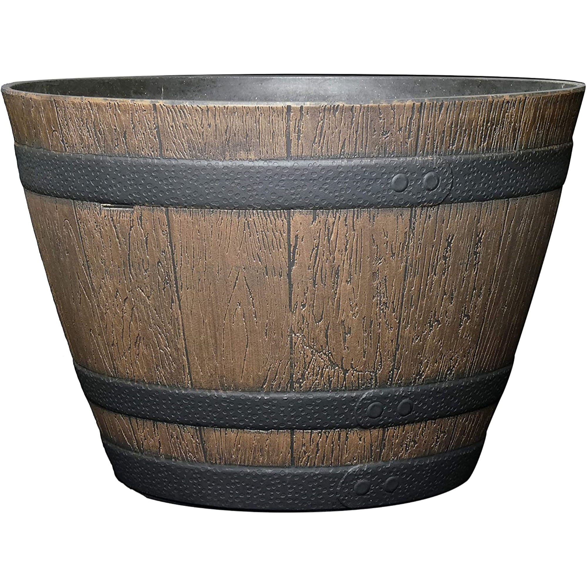 Classic Home and Garden Whiskey Resin Flower Pot Barrel Planter, Walnut Brown, 15"