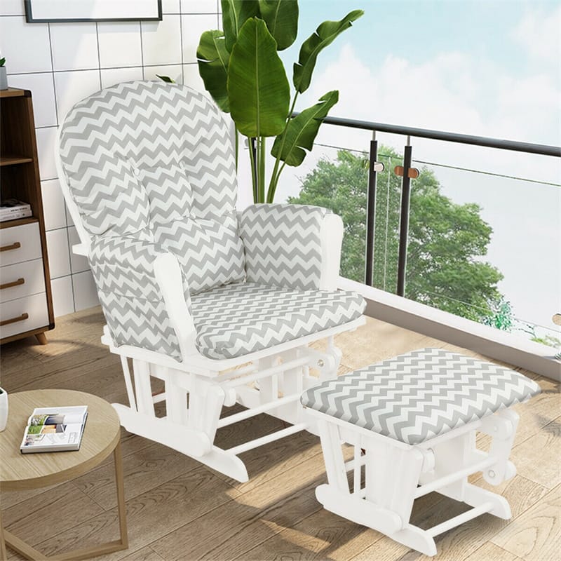 Wood Baby Glider Rocking Chair Nursery Chair with Gliding Ottoman & Storage Pocket