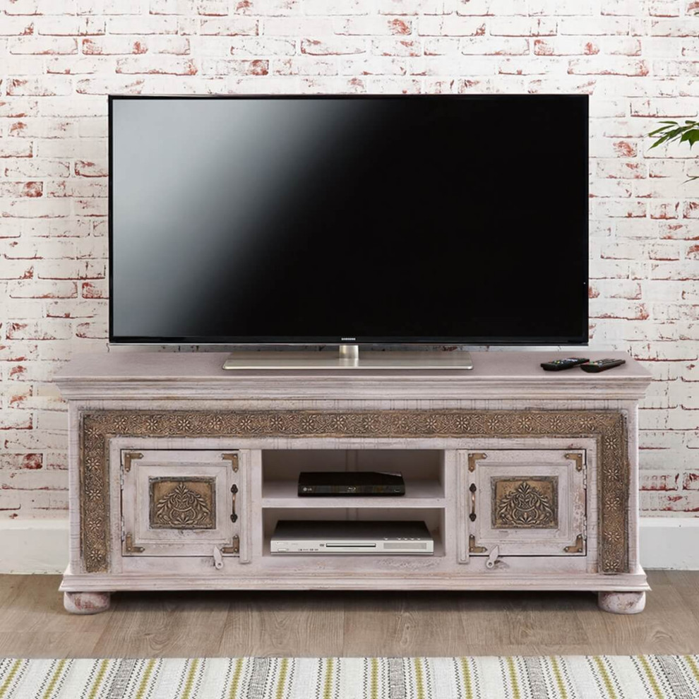 Valeska Solid Wood Brass Metal Entertainment TV Console Cabinet   French Country   Entertainment Centers And Tv Stands   by Sierra Living Concepts Inc  Houzz