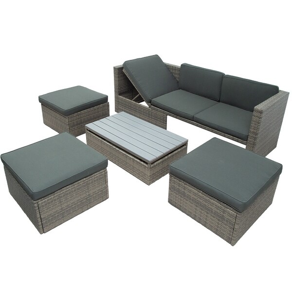 5Piece Patio Wicker Sofa with Adustable Backrest，Cushions，Ottomans and Lift Top Coffee Table