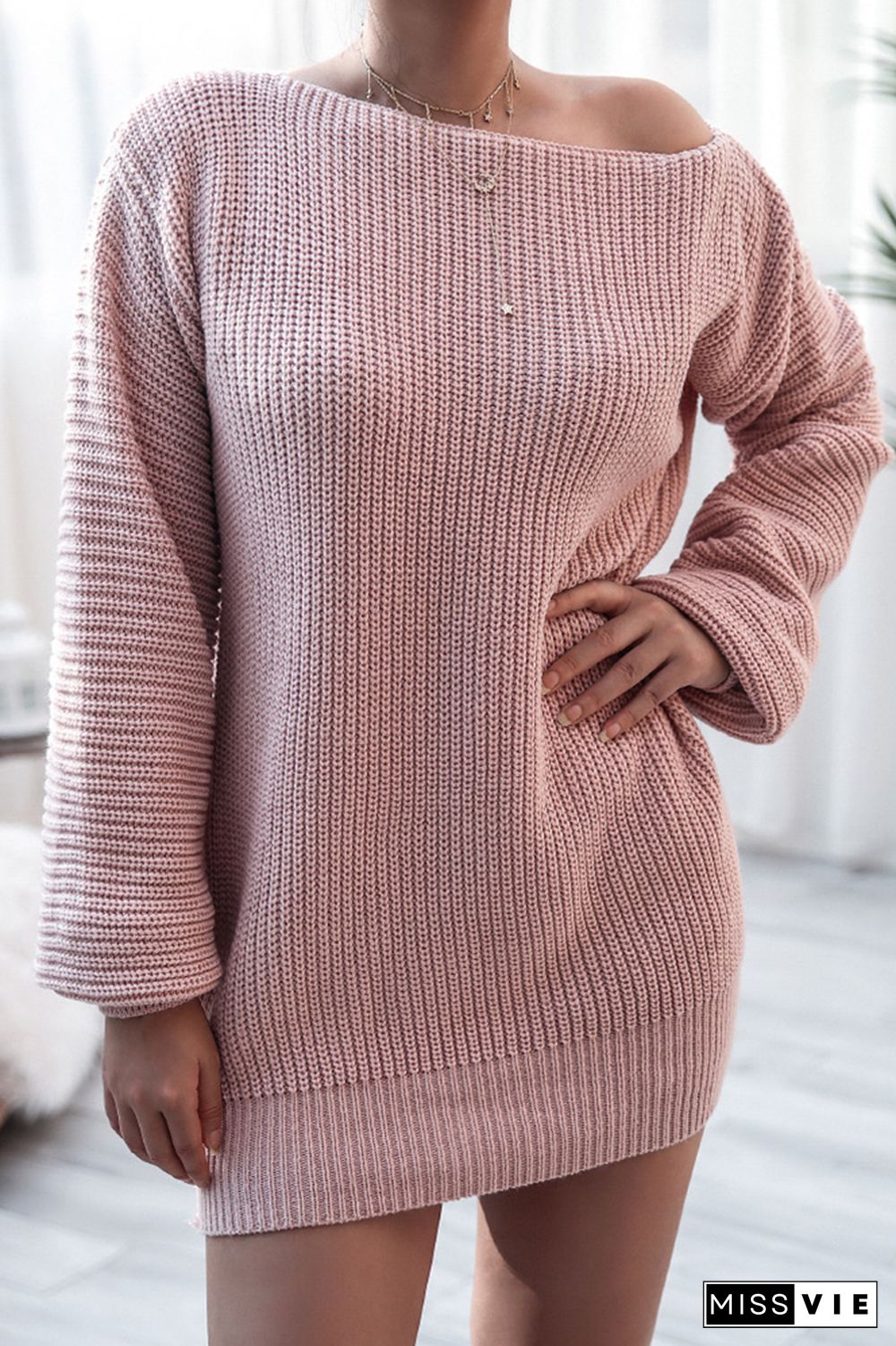 Long Sleeve Knitted Off-shoulder Sweater Dress Women Wholesale