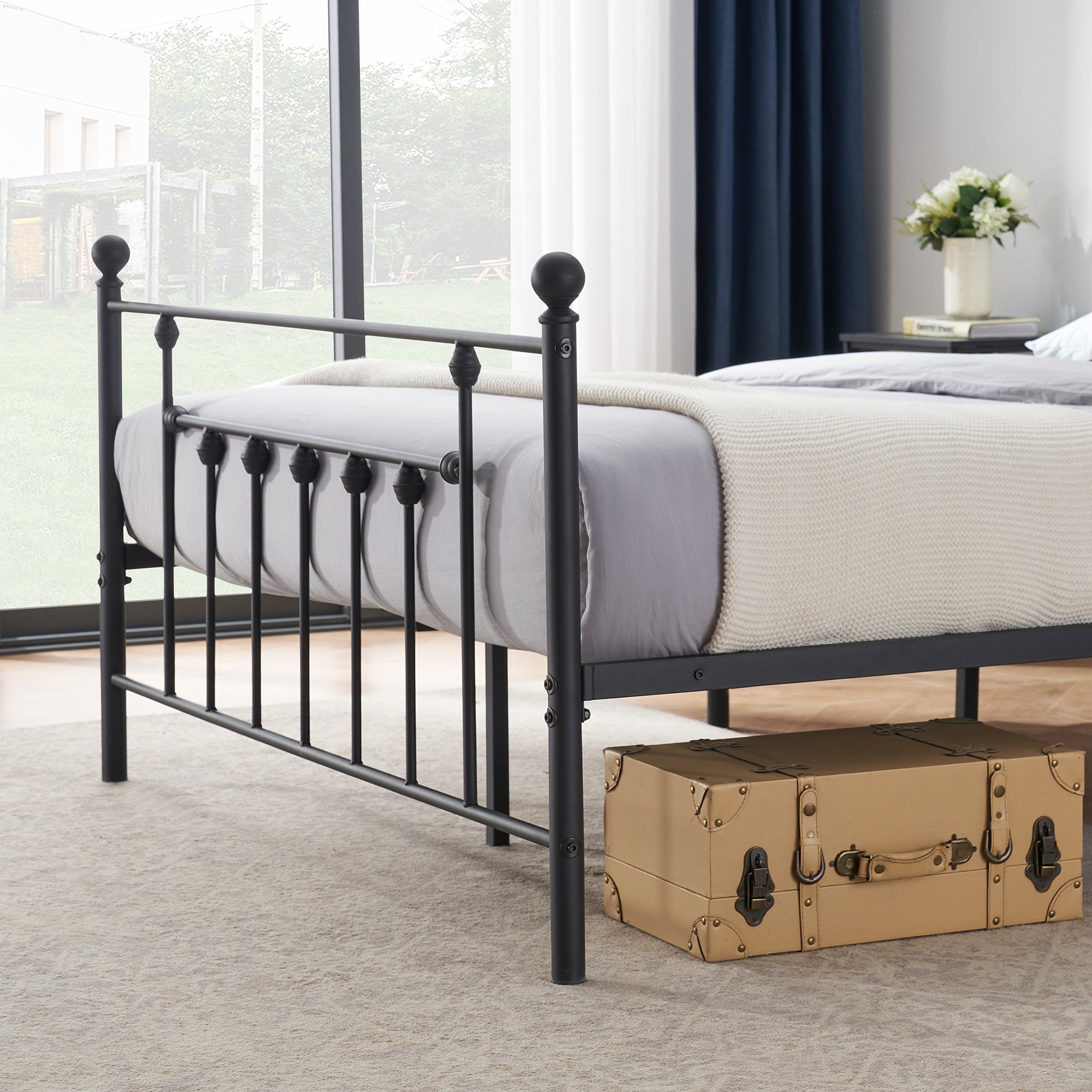 Victorian Full Size Metal Platform Bed with Headboard & Footboard, No Box Spring Needed, Black