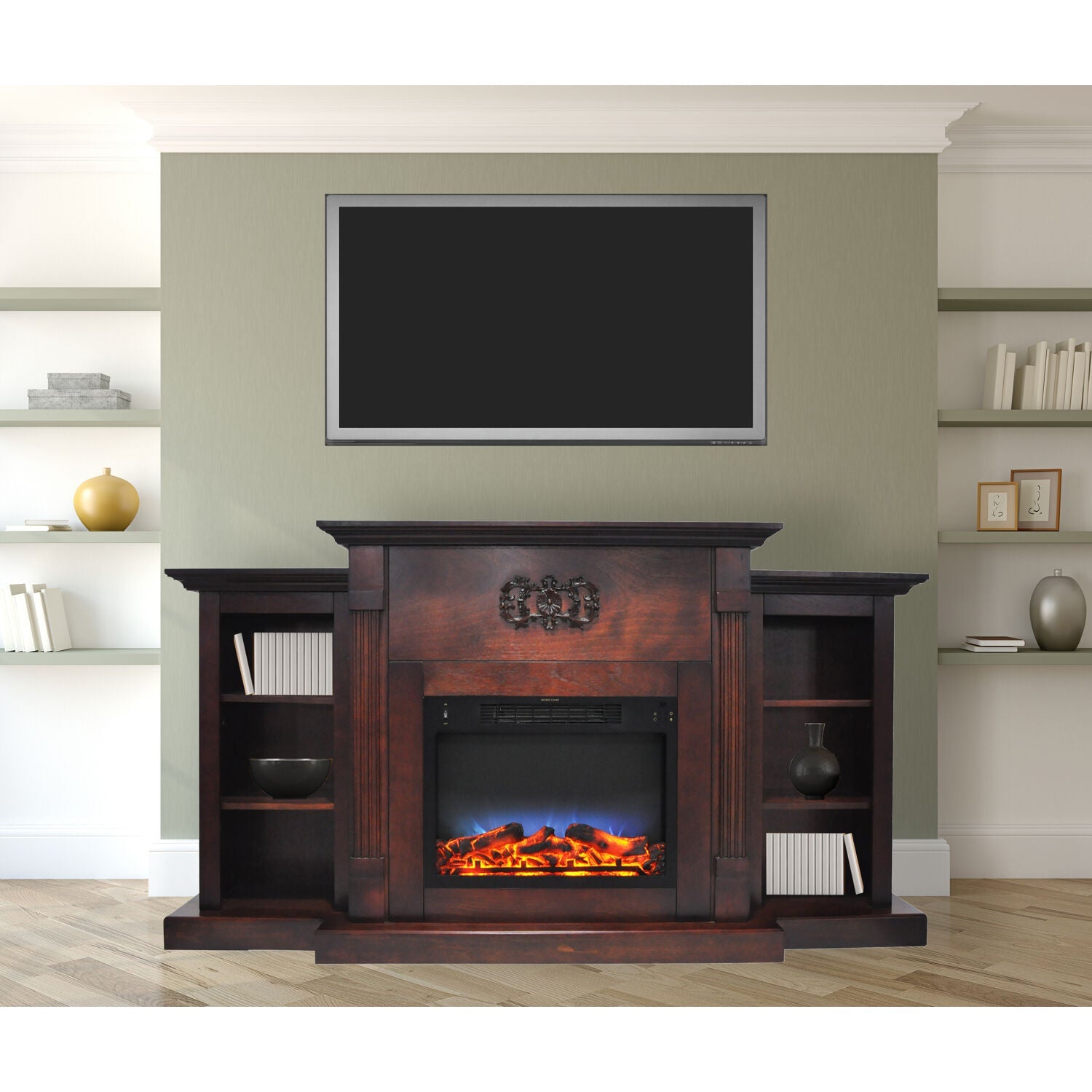 Cambridge Sanoma 72'' Electric Multi-Color LED Fireplace with Charred Log Insert | For Rooms up to 210 Sq.Ft | Remote | Mahogany Mantel | Adjustable Heat Settings | Storage | Timer