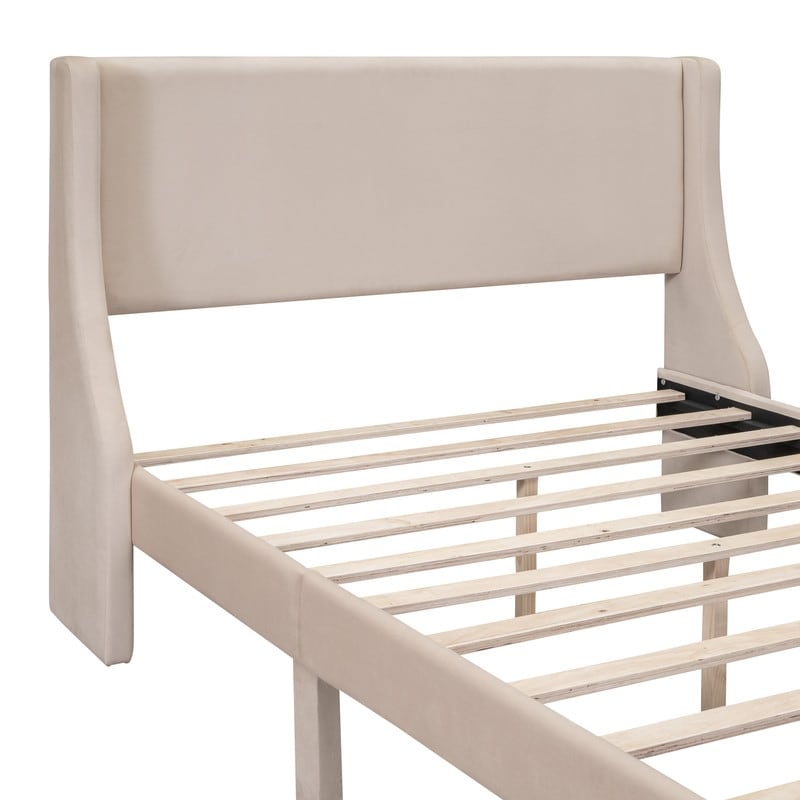 Full Size Bed Frame with A Storage Drawer  Velvet Upholstered Platform Bed with Wingback Headboard and Slat Support