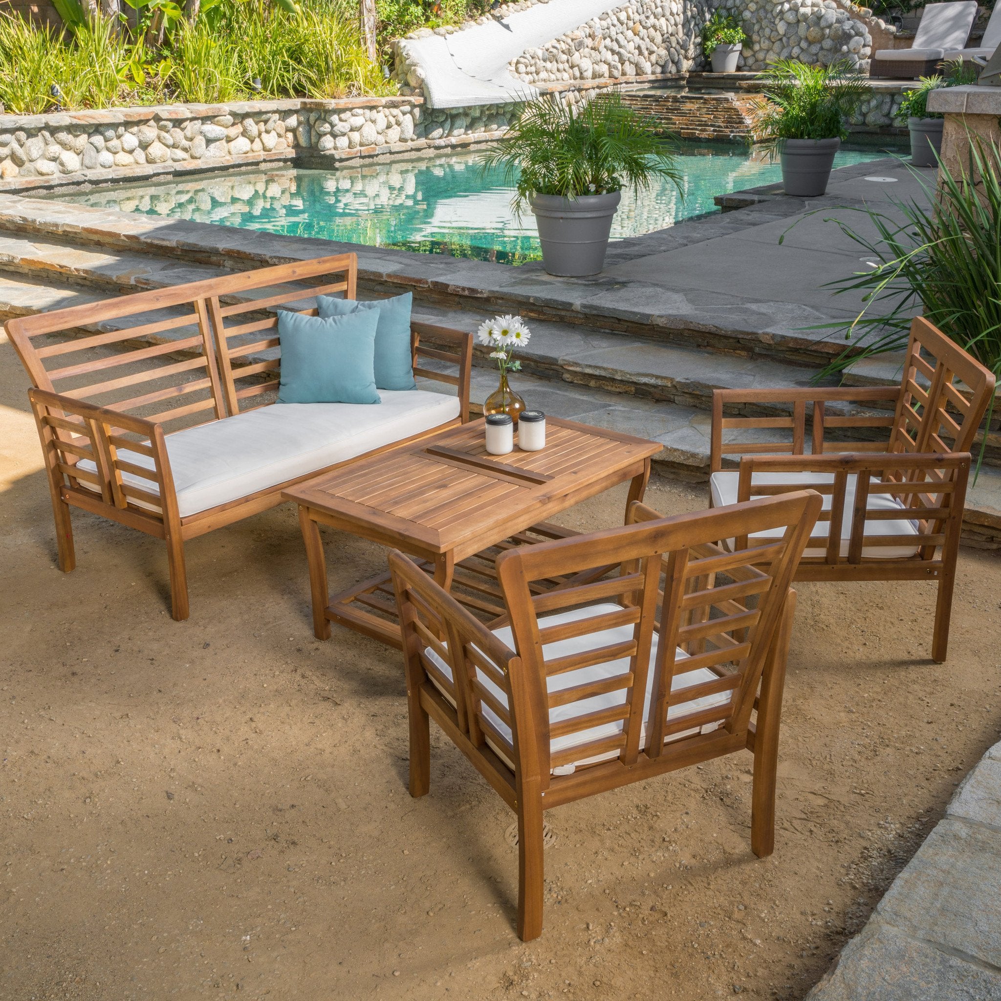 Louis Outdoor 4-piece Solid Wood Chat Set with Cushions